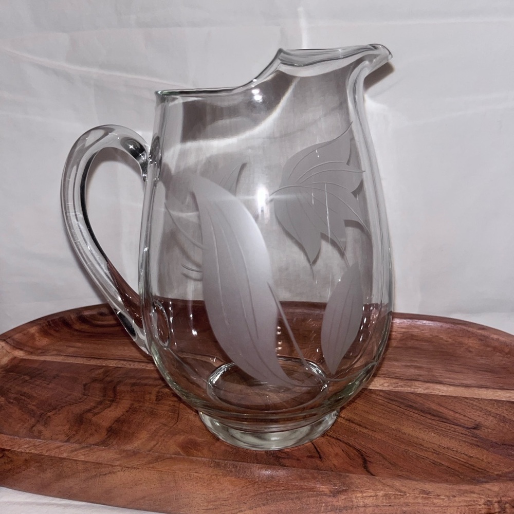 Clear Glass Vintage Pitcher Frosted Etched Leaf Design W/ Ice Lip